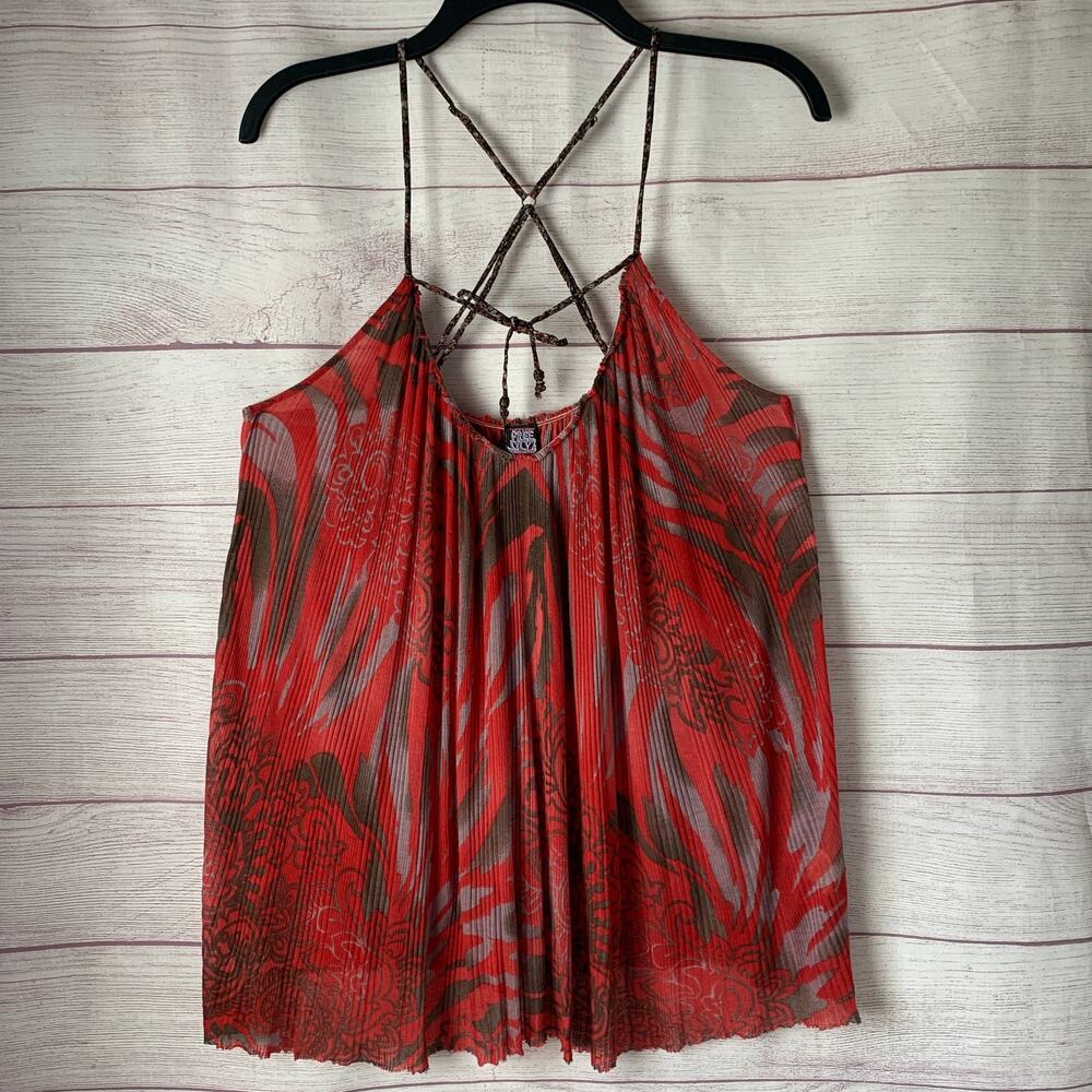 Free People Red Gray Tank Top Strappy Back Boho Floral Size LARGE